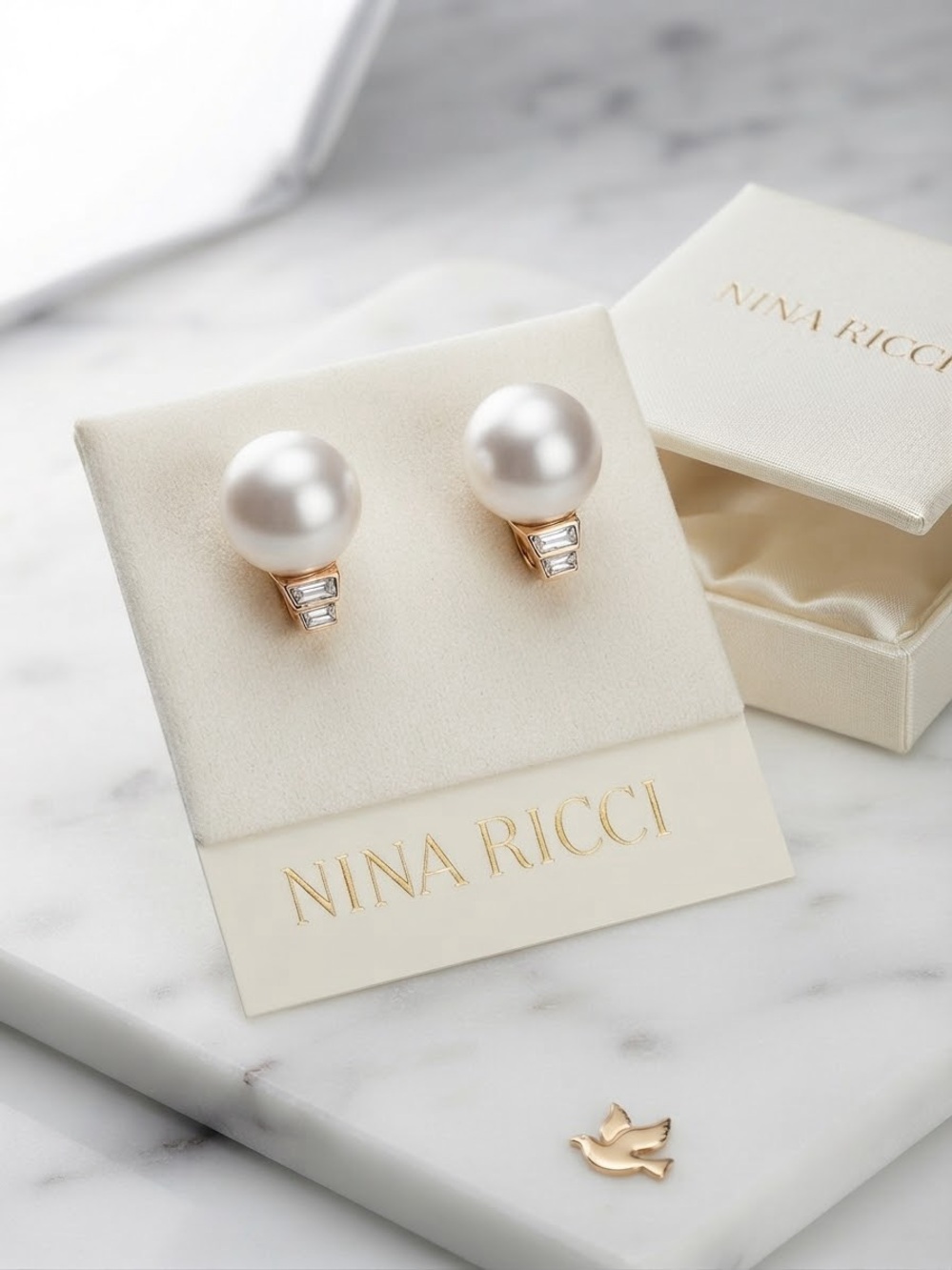 Nina Ricci Ivory Pearl Drop Earrings with Gold Accents